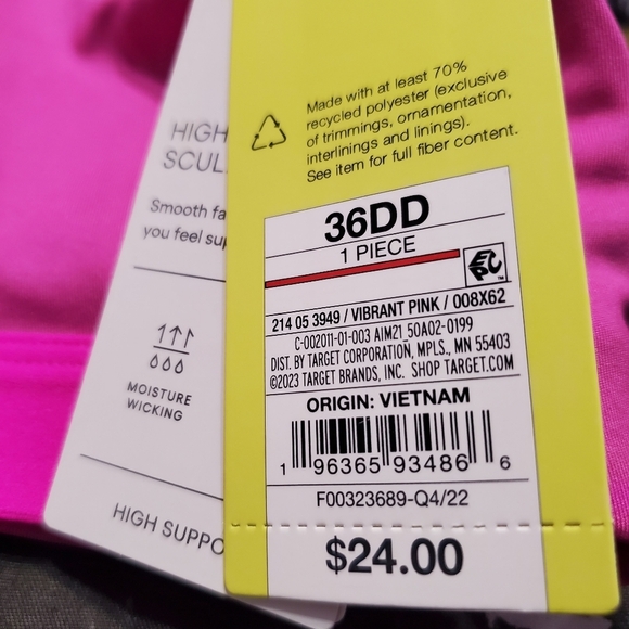 NWT All In Motion Women's High Support Sculpting Pink Bra 36DD - Picture 6 of 11